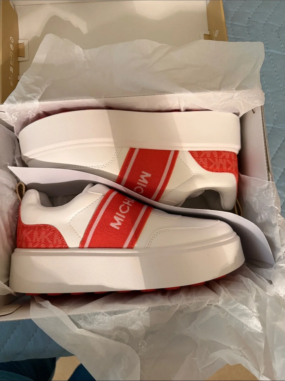 Michael Kors Kids White Sneakers with Red Logo Band